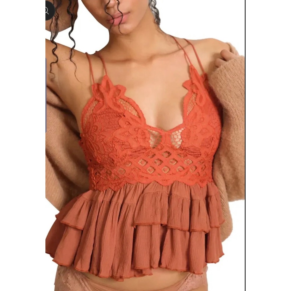 Intimately Free People fairy boho lace Ruffle Cami Top Rust Orange coquette S